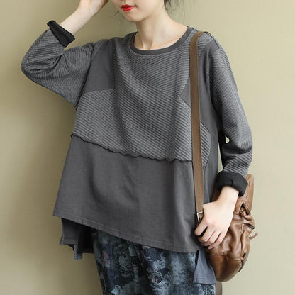 Buykud Striped Spliced O-Neck Long Sleeve Blouse