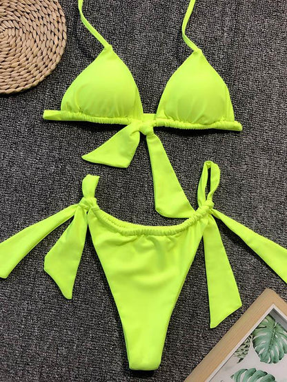 Triangle Top Ruched Plain Bikini Set