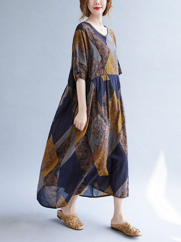 Vintage Printed V-Neck Half Sleeves Midi Dress