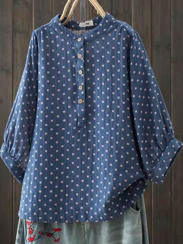 Simple Printed Buttoned Short Sleeves Blouse Top