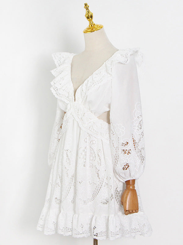Fashion Solid Color Backless Hollow Lace V-Neck Bishop Sleeve Mini Dress