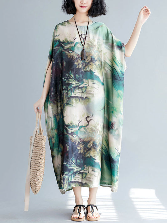Vintage Loose Printed Batwing Sleeves Round-Neck Midi Dress
