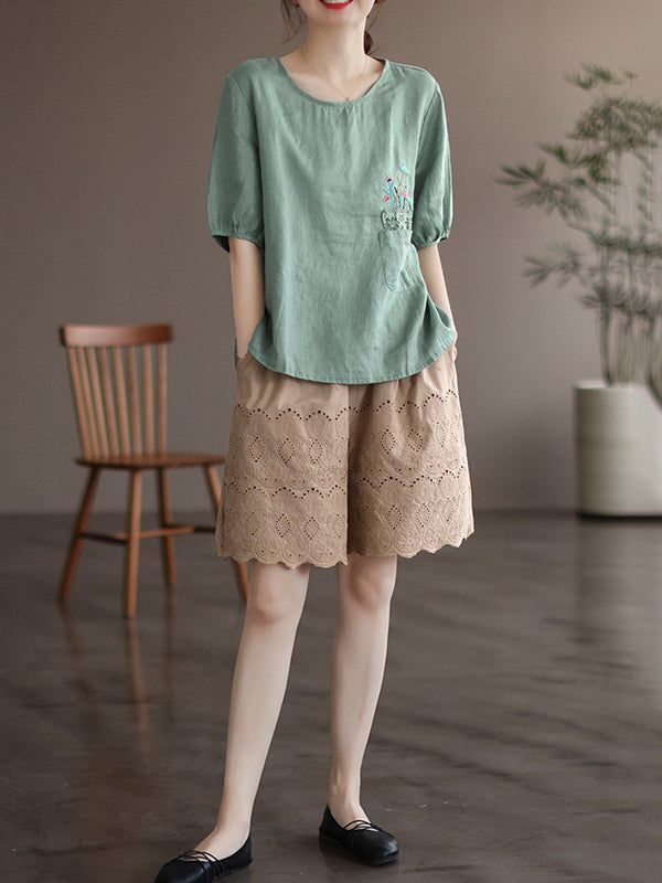 Vintage Artistic Retro Hollow Embroidered Shorts