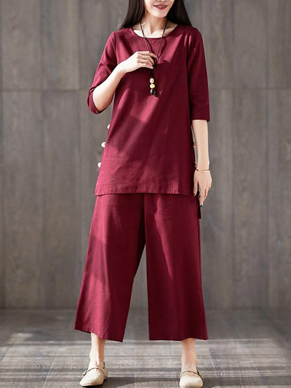 Solid Short Sleeves Shirt + Straight Leg Pants