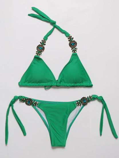 Solid Color Imitated Crystal Decorated Bikinis Swimwear