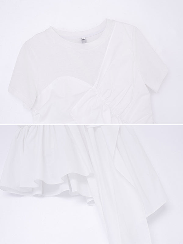 Fashion White Pleats Asymmetric Split-Joint Round-Neck T-Shirts Top
