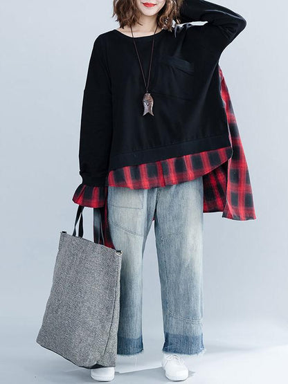 Loose Oversize Split-joint Plaid Sweatshirt