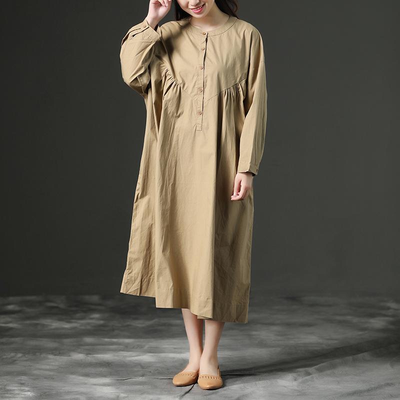 Cotton Khaki Casual Shoulder Sleeves Long Dresses