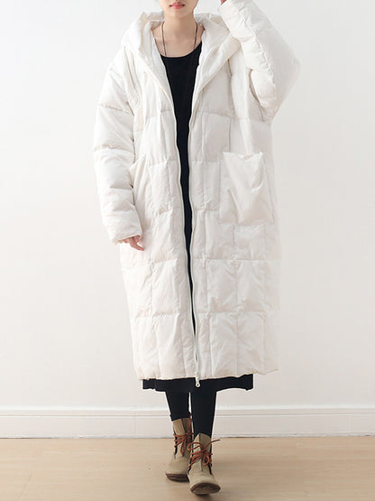 Simple White Duck Down Over Knee Solid Color Zipper Hooded Down Wear Coat