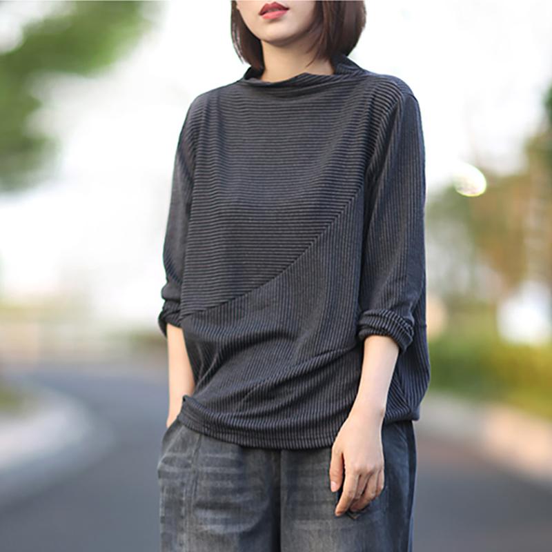Buykud Long Sleeve Half Turtleneck Striped Blouse