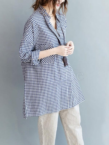 Casual Plaid Lapel Beaded Shirt