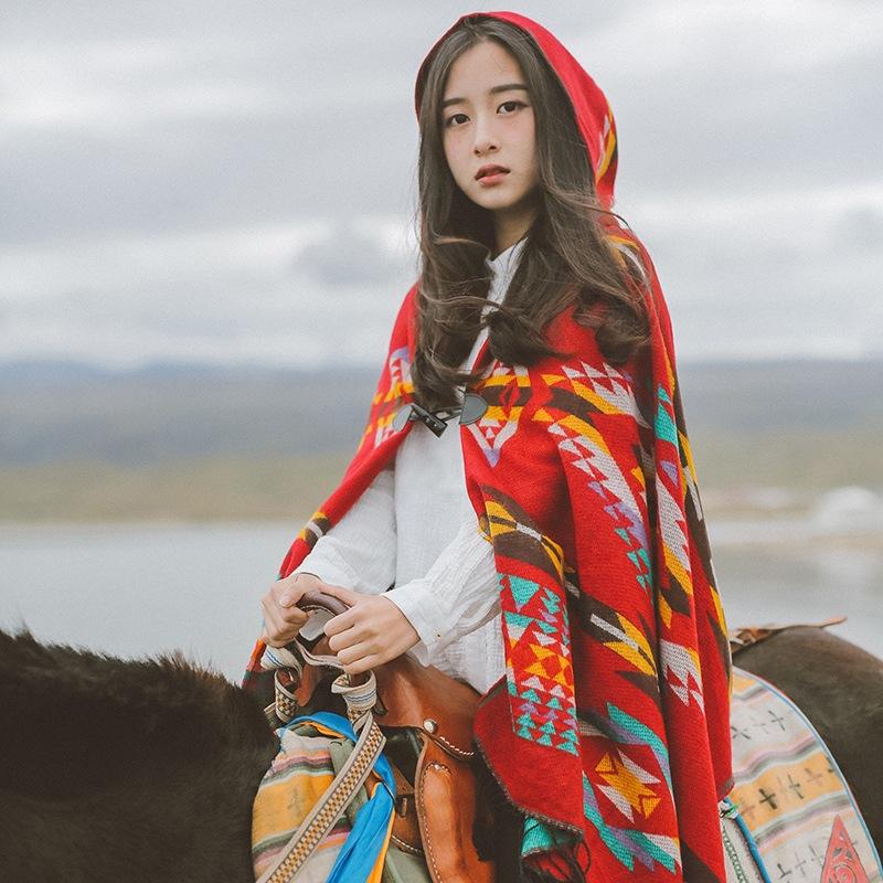 Buykud Autumn Winter Warm Printed Scarf Hooded Cloak