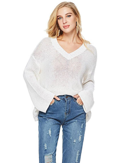 Sexy Long Sleeve  Solid Color V-Neck Sweater Tops