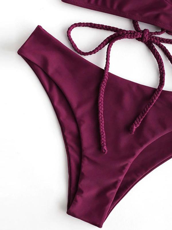 Solid Color Backless Bandage Split Bikini Swimsuit