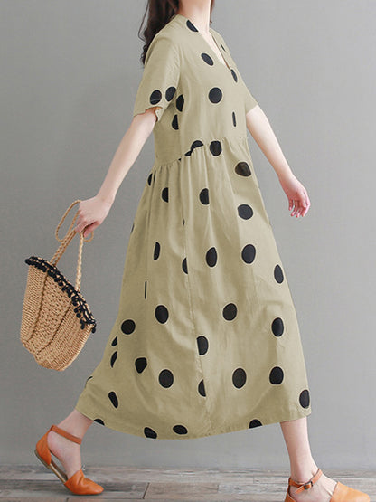 Original Polka-Dot Short Sleeve V-Neck Midi Dress