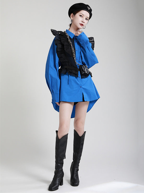 Stylish Irregular Contrast Color Split-Joint Falbala Mesh Drawstring Buttoned Lapel Collar Long Sleeves Blouse