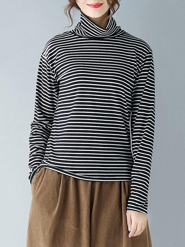 Comfortable Striped High-neck T-shirt