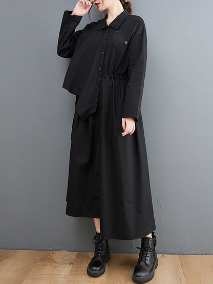 Artistic Retro Irregular Split-Joint Plaid Pleated Buttoned Elasticity Waist Lapel Collar Long Sleeves Midi Shirt Dress