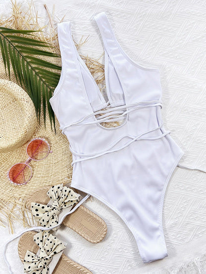 Sports Bandage Black White Solid Color One-Piece Swimsuit