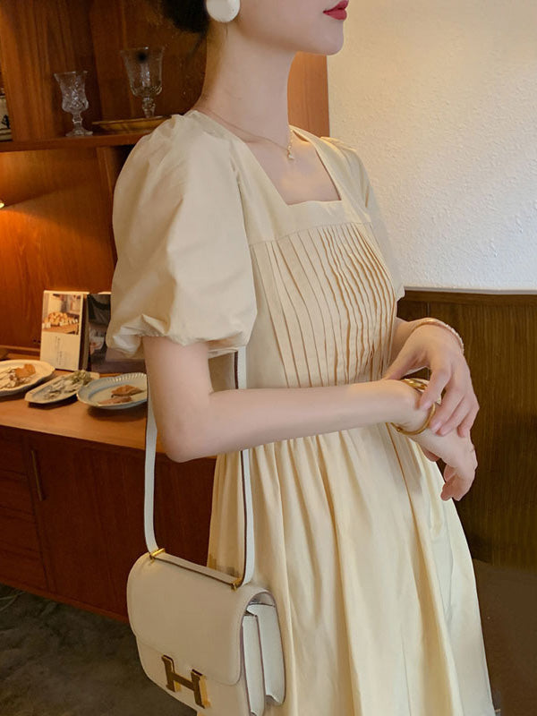 Urban Solid Color Split-Joint Pleated Square-Neck Bishop Sleeves Midi Dress