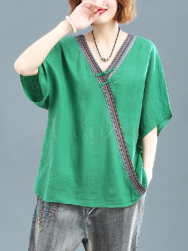 Loose Linen Frog V-neck T-shirt