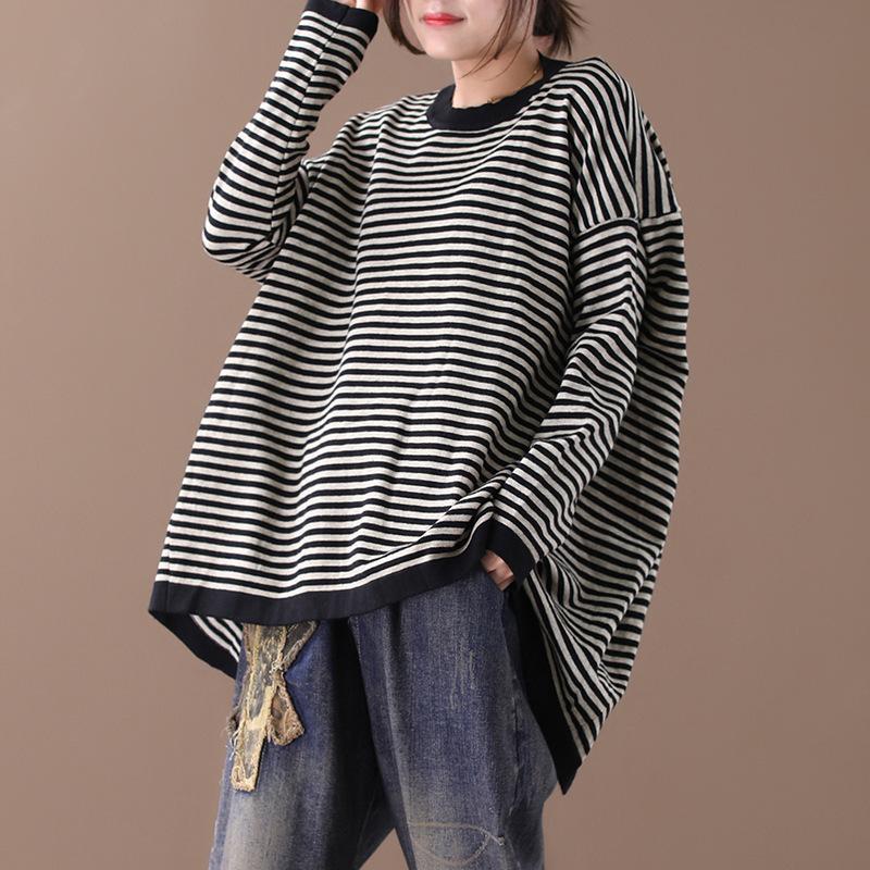 Buykud Ultra-loose Classic Striped Round Neck Blouse