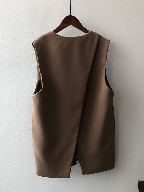 Urban Solid Color Split-Joint With Pocket Split-Back V-Neck Sleeveless Vest Outwear