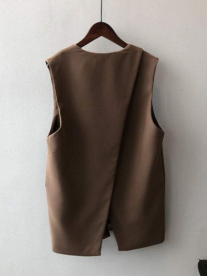 Urban Solid Color Split-Joint With Pocket Split-Back V-Neck Sleeveless Vest Outwear