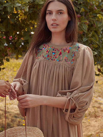 Vacation Embroidered Long Sleeves Midi Dress