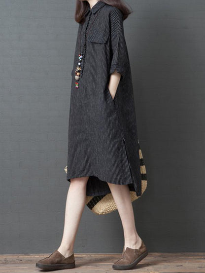 Casual Striped Cotton Long Shirt Dress