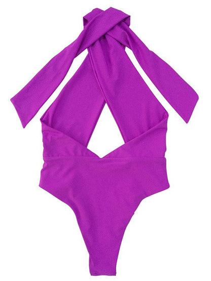 Solid Bandage Halter-neck One-piece Swimwear