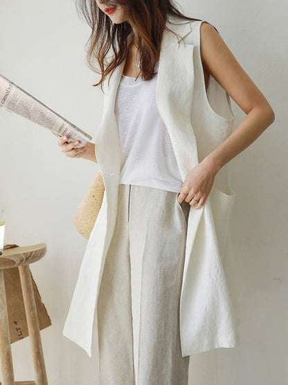 Simple Solid Color Split-Joint With Pocket Linen Notched Collar Vest Outwear