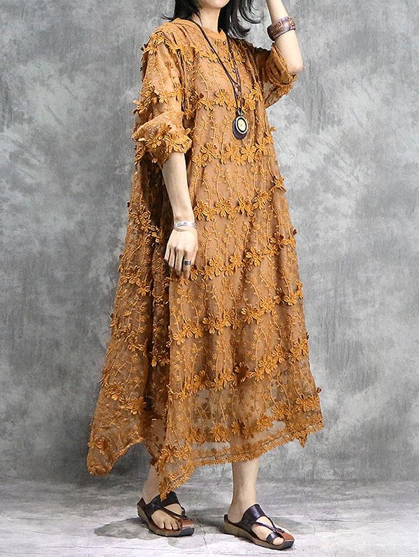 Loose Solid Hollow Flower Embroidered Maxi Dresses