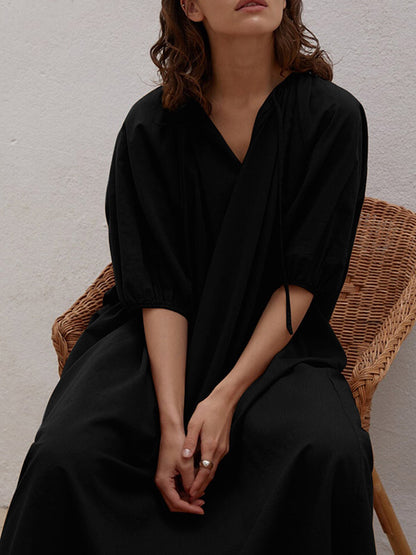 Casual Loose Linen 3 Colors Tied Pleated V-Neck Bishop Half Sleeves Midi Dress