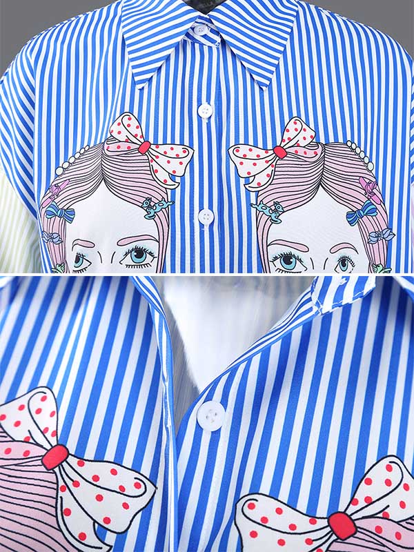 Original Striped Cartoon Portrait Printed Buttoned Lapel Collar Half Sleeves Midi Shirt Dress