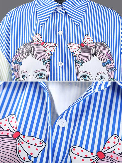 Original Striped Cartoon Portrait Printed Buttoned Lapel Collar Half Sleeves Midi Shirt Dress
