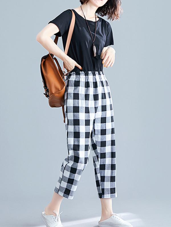 Loose Straight Leg Plaid Harem Pants