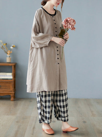 Causal Ramie Cotton Buttoned Round-Neck Long Sleeves Loose Midi Dress
