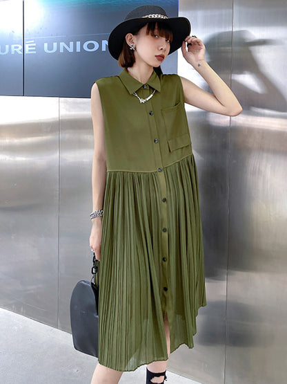 Fashion Split-Joint Pleated Sleeveless Lapel H-Line Midi Dress