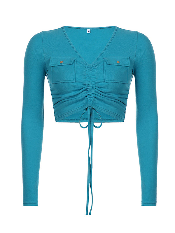 Drawstring  Pockets Long Sleeves Drawstring  Tees