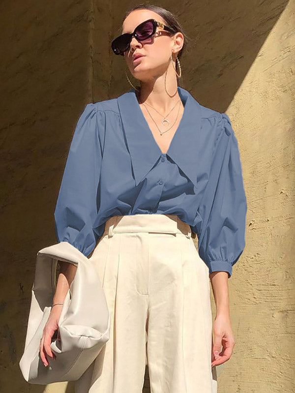 Urban Solid Color Split-Joint Pleated Lapel Collar Bishop Sleeves Shirt