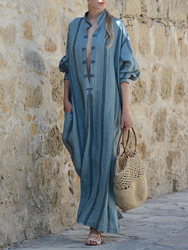 Striped Deep V-neck Ramie Cotton Maxi Dress
