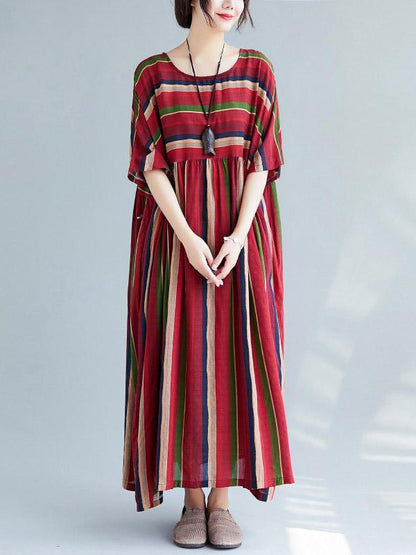 Loose Retro Striped Round-neck Long Dress