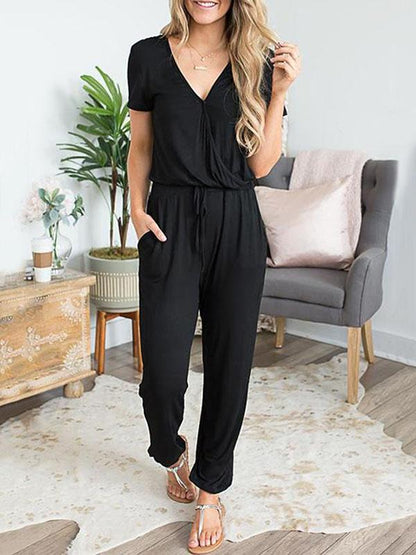 V-neck Bandage Solid Bohemia Jumpsuits