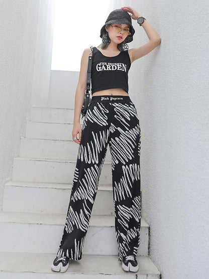 Elastic Waist Design Printed Wide Leg Pants