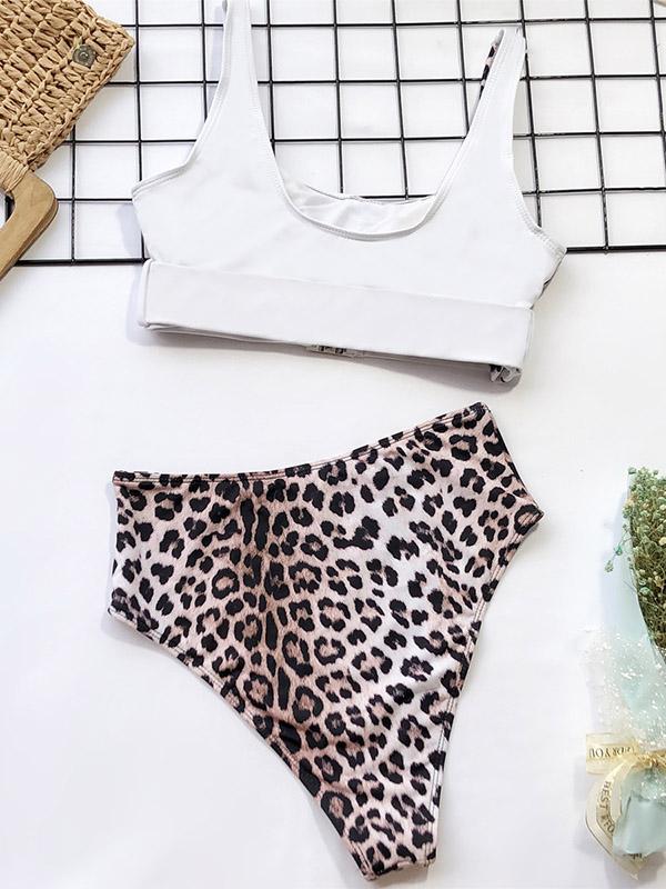 Stitching Leopard Empire Bikini Swimsuit