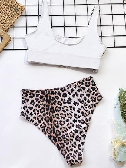 Stitching Leopard Empire Bikini Swimsuit