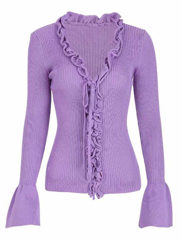 V-Neck Flared Sleeves Lotus Leaf Edge Knitting Blouse