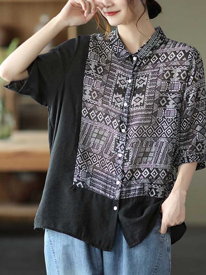 Original Printing Half Sleeve Lapel Blouse Tops