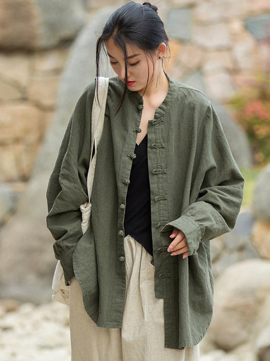Original Artistic Retro Loose Solid Color Ramie Cotton Blouse Outwear